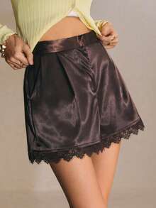 Poéselle Satin & Lace Patchwork Slant Pocket Elegant Wide Leg Shorts, Brown Shorts,Summer Outfits For Women,Spring/Summer - Coffee Brown - View 7