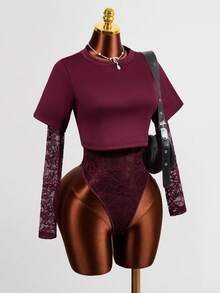 BamGleam Women's Long Sleeve Lace Bodysuit,Burgundy,Autumn,Seksi Chic,Night Club Summer Beach Vacation Outfits,Holiday Dresses Clothes For Women - Burgundy - View 7