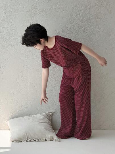 DAZY Crew Neck Loose T-Shirt + Straight Striped Casual Pants Boys (Plus Size) Pajamas