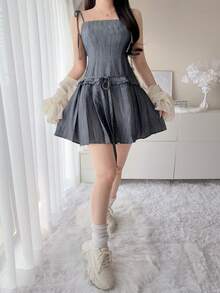 Vestido corto de mujer con camisola, cintura con lazo y volantes - Azul - Ver 6