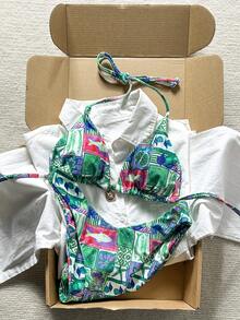 Bonvoyette 女士随机印花项链金属首饰比基尼套装，春夏款 - 彩色 - 查看 3