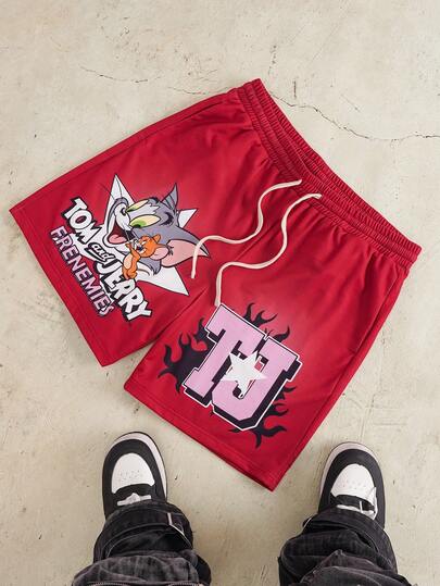 TOM & JERRY X SHEIN Men's Letter Print Drawstring Waist Casual Shorts