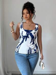 Elenzga Square Neck Sleeveless Tie Back Design Blue & White Plus Size Blouse, Suitable For Spring, Summer, Autumn - Blue and White - View 4