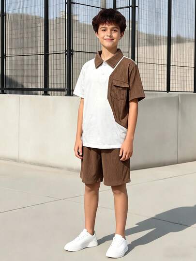 2pcs/Set Older Boys' Street Fashion Soft Jacquard Solid Color Patchwork Short Sleeve Polo Shirt And Shorts, Comfortable Fabric, Stylish Fit, Spring/Summer New Arrival, Suitable For Multiple Seasons And Occasions