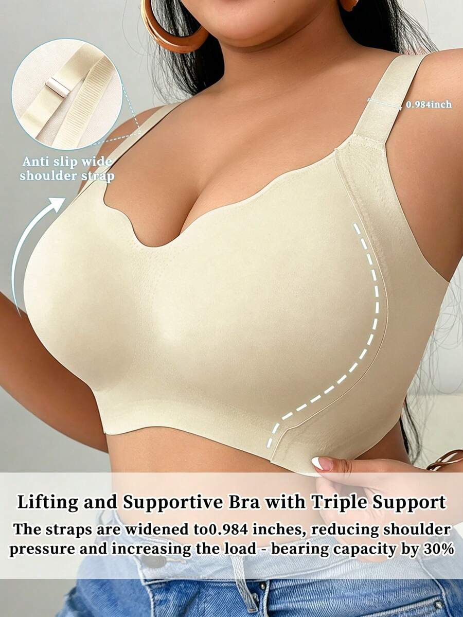 SHEIN Sujetador sin costuras sin aros talla grande, sujetador de cuello en V con soporte suave, cómodo 1 pieza - Gris Claro - Ver 1
