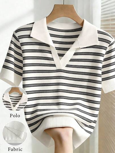SHEIN Franclia Women's All-Match Black & White Striped Knit Polo Collar Short Sleeve Soft Commuting Versatile Casual Minimalist Turndown Collar Slim Fit Lightweight Knit Top, Women's Elegant Blouse, Women's Holiday Outfit, Women's Casual Wear