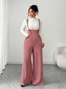 SHEIN Tall CURVE Bộ áo liền quần ống rộng họa tiết kẻ caro có túi dành cho nữ cỡ lớn - Đỏ - Xem 7