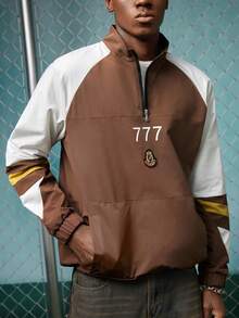 EVRINFINITE Chaqueta casual para hombres, diseño de bloques de color con cuello de media cremallera, patrón numerado y gráfico, dobladillo con cordón ajustable, adecuado para uso diario, salidas, deportes, escuela, fiestas, festivales de música, ocasiones casuales. Se puede regalar a amigos o novios. - Café integral - Ver 4
