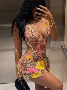 SHEIN SXY 女士度假豹纹印花深V领性感迷你连衣裙 - 彩色 - 查看 6