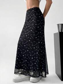 SHEIN EZwear 女款黑色對比碎花休閒度假裙 - 黑色 - 查看 3