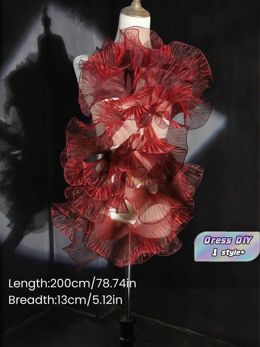 2 Meters Retro Ruffle Pleated Chiffon Trim , 3D Pleated Ruffle Trim Chiffon Fabric,Mermaid Sequins Gradual Color Chiffon Fabric For Dress Bag Decoration ,Dress Diy Sewing,Tulle Fabric Applique ,Trimming Craft Sewing (Red Ruffle) - Burgundy - View 1