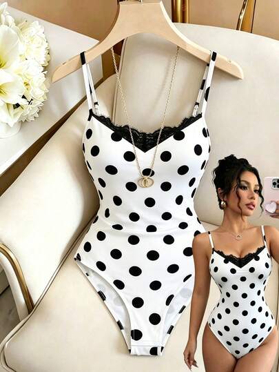 Elenzga Bộ áo liền quần chấm bi viền ren cho nữ, áo hai dây ôm sát gợi cảm không tay cho mùa hè, có thể mặc trong hoặc ngoài.