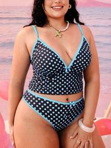 Swim Mod Bộ bikini hai mảnh cỡ lớn dành cho nữ năm 2026, họa tiết hình học ngẫu nhiên, thời trang, thích hợp cho kỳ nghỉ, phong cách tối giản, tôn dáng, kín đáo, có nơ, dây đeo dày có thể điều chỉnh, cạp cao, khoét chân cao, kiểu tam giác. - Màu xanh lam - Xem 5