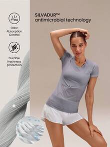 GLOWMODE Seamless Workout Shirt Slim Fit Short Sleeve Sports Tees Gym Athletic Tops Summer - Violet Purple - View 4