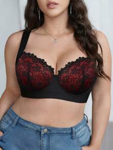DesireSculpt 1pc Plus Size Lace Patchwork Comfortable Seamless Wireless Adjustable Supportive Bra - Multicolor - View 7