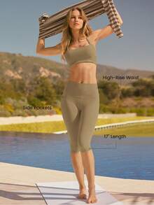 GLOWMODE 17" FeatherFit™ Peak Energy High-Waisted Side Pockets Sweat-Wicking Buttery-Soft Stretchy Leggings Yoga Pilates Gym - Moss Green - View 3