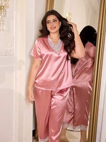 MuseNap CURVE Conjunto de pijama de talla grande con cuello en V, parches de encaje y bordados elegantes - Rosa vieja - Ver 6