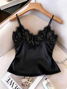Top camisero ajustado de encaje y satén con parches, top corto casual para verano, vacaciones en la playa y viajes para mujeres - Negro - Ver 3