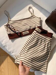 Comfortcana Women's Summer Casual Commuting Beaded Decor Contrast Stripe Print Cropped Tank Top And Shorts 2-Piece Set - Mocha Brown - View 7