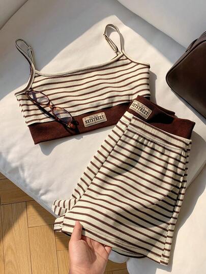 Comfortcana Women's Summer Casual Commuting Beaded Decor Contrast Stripe Print Cropped Tank Top And Shorts 2-Piece Set