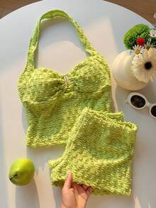 Comfortcana Solid Color Backless Halter Top And Super Short Shorts Set, Spring/Summer Golf White Sexy - Green - View 8