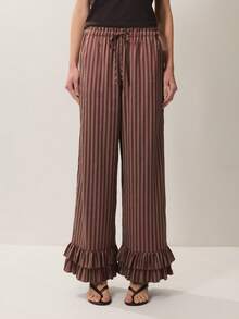 Women's Drawstring Waist Striped Casual Versatile Daily Wear Pants - Clay Red - View 1