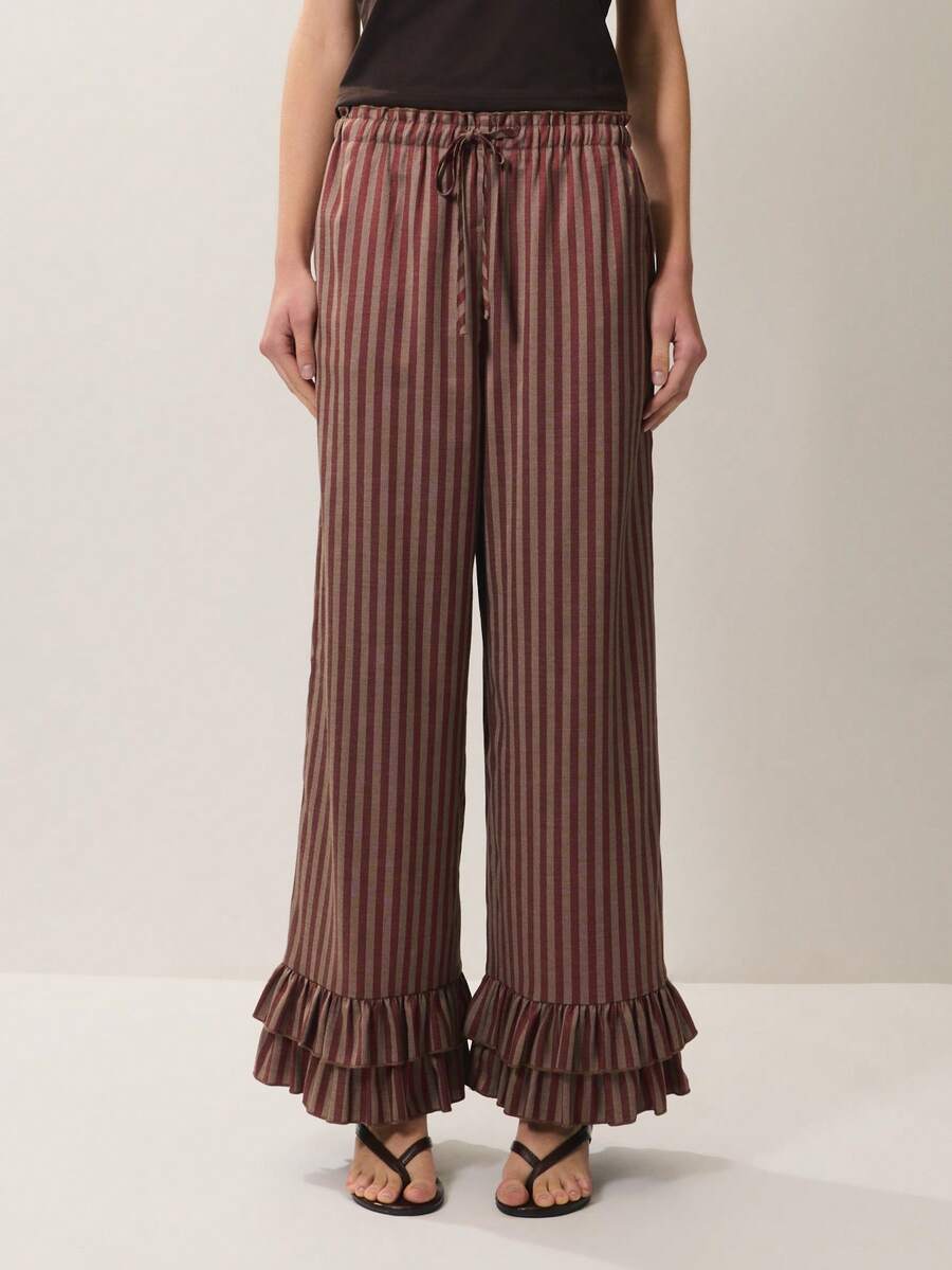 Women's Drawstring Waist Striped Casual Versatile Daily Wear Pants - Clay Red - View 1