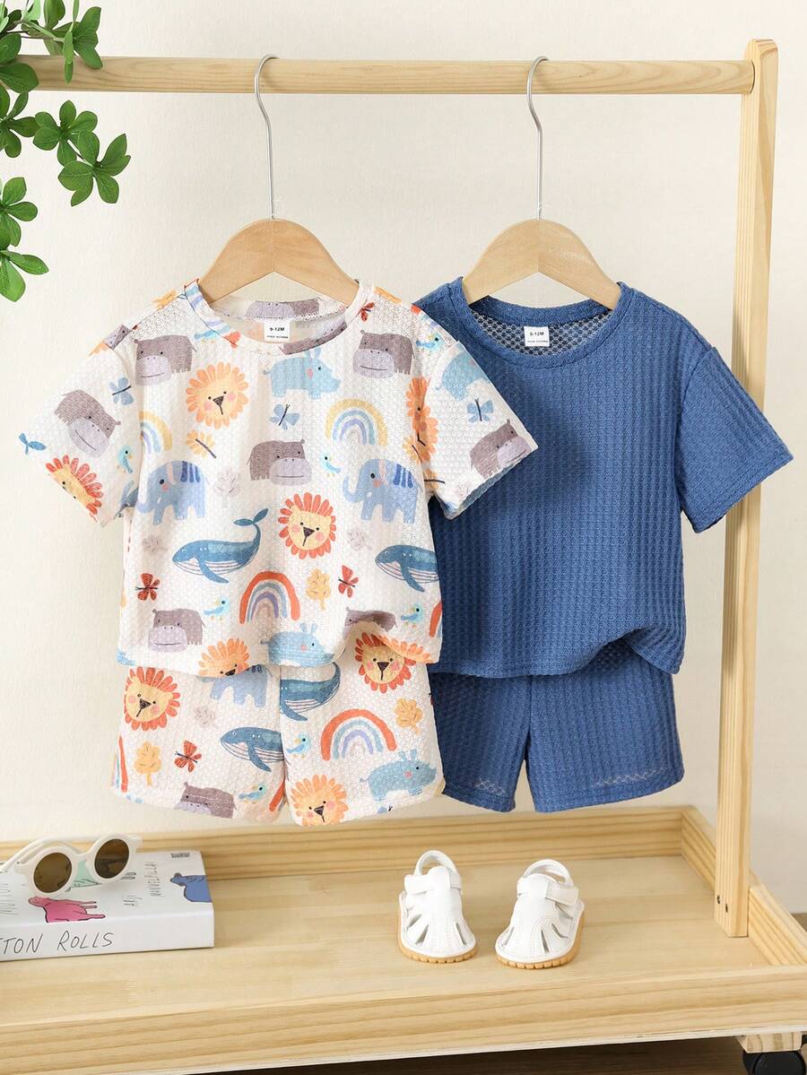 SHEIN 4pcs/Set Baby Boy/Girl White Cartoon Pattern Round Neck Raglan Sweatshirt And Loose Casual Cute Sports Shorts Set Guest Wedding Summer - Multicolor - View 1