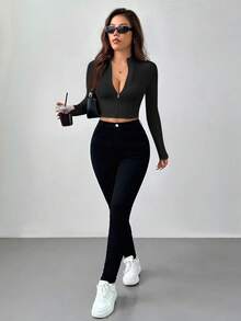 SHEIN PETITE 簡約休閒基本款秋冬半高領拉鍊領V領長袖修身彈性女上衣，適合嬌小女性 - 黑色 - 查看 5