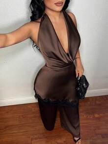 SHEIN SXY Sexy Lace Patchwork Plunging Neck Backless Halter Top And Pants Set - Brown - View 3