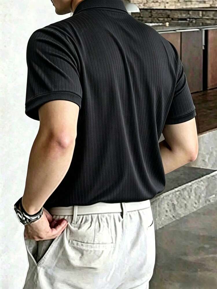 Manfinity Mode Men's Casual Solid Color Button-Up Short Sleeve Polo Shirt - Black - View 2
