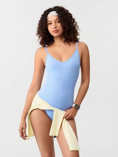 Loungeista 1pc Women's Seamless Shapewear Bodysuit, Thong Bottom, Body Shaping, Tummy Control, Slimming Tight Fit Bodysuit, Waist Trainer, Light Bluefor Summer