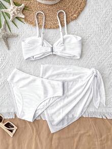 Bộ bikini đen 3 món dành cho thiếu nữ, kiểu dáng tối giản, phù hợp để bơi lội và mặc đi biển. - trắng - Xem 2