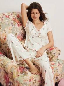 Elorette Conjunto de pijama casual y lindo con cuello de patrón de tulipán, empalmado y ribete de volantes - Blanco - Ver 7