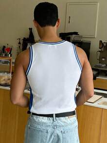 DAZY White Splicing Blue Ribbed Fabric Letter Print Design Slim Fit Men Tank Top Graphic Tee - Multicolor - View 2