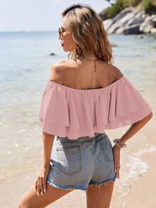 SHEIN VCAY Women's Summer Beach Vacation Style Minimalist Solid Color One-Shoulder Layered Ruffle Cropped Top,Summer Top - Dusty Pink - View 3