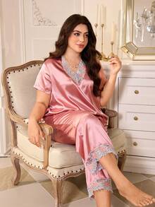 MuseNap CURVE Conjunto de pijama de talla grande con cuello en V, parches de encaje y bordados elegantes - Rosa vieja - Ver 5