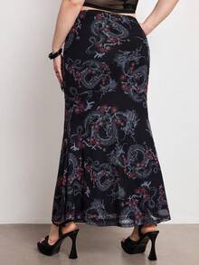 ROMWE Avant Summer Outfits Oriental Aesthetic New Chinese Style Dragon Pattern Print Mesh Bodycon Mermaid Skirt, Plus Size - Black - View 2
