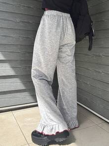 FRIFUL Women's Casual Everyday Commute Contrast Lettuce Trim Ruffle Hem Loose Pants - Grey - View 2