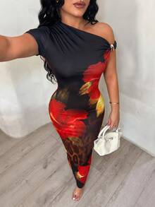 SHEIN SXY Đầm nữ thanh lịch, in hoa, cổ lệch vai, ôm dáng. - Nhiều màu - Xem 1