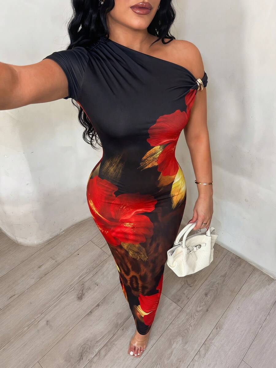 SHEIN SXY Đầm nữ thanh lịch, in hoa, cổ lệch vai, ôm dáng. - Nhiều màu - Xem 1