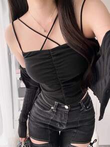 FRIFUL 女款素色百褶休閒百搭日常穿著細肩帶背心上衣 夏季上衣 - 黑色 - 查看 2