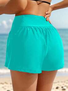 Swim Lushoire Women's Loose Lily Flower Print Pocket Beach Shorts, Suitable For Summer Vacation - Mint Green - View 2