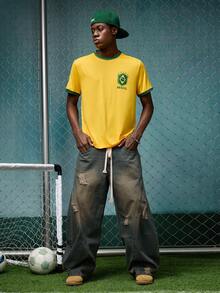 EVRINFINITE Men's Brazil 10 Numeral & Letter Print Striped T-Shirt - Yellow - View 9