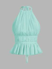 SHEIN PETITE Women's Pleated Halter Neckline Waist-Tied Backless Tank Top,Summer Top - Baby Blue - View 6
