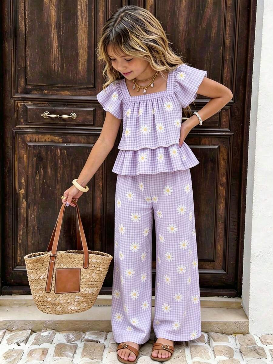 Elladie kids 2件組少女洋雛菊花卉印花方領泡泡袖上衣寬腿褲夏季套裝,紫色格紋家庭度假度假穿搭 - 紫色 - 查看 1