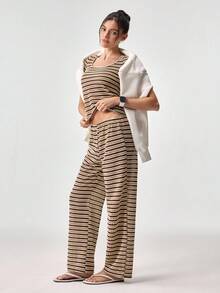 Loungeista Comfortable & Fashionable Striped Crew Neck Short Sleeve Loungewear Setfor Summer - Brown - View 9