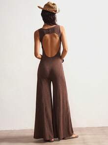 Bohemela Solid Color Knit Backless Sleeveless Wide Leg Jumpsuit For Women - Coffee Brown - View 7