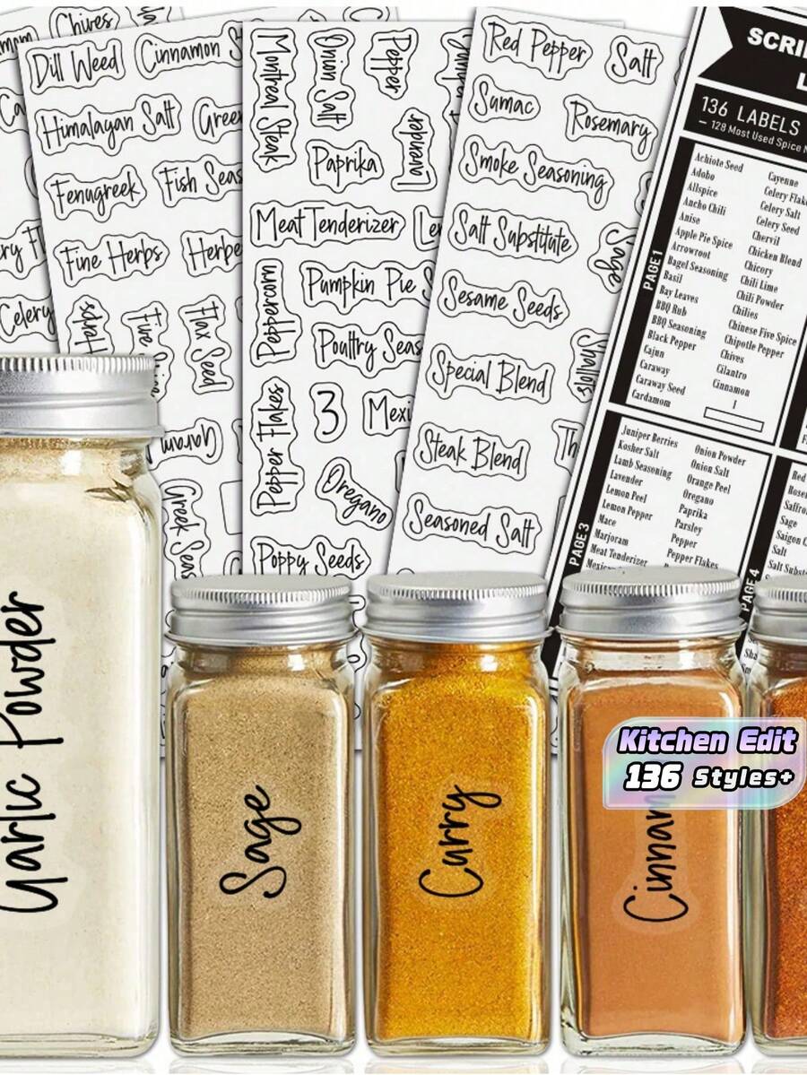 Juego de etiquetas impermeables para la despensa de la cocina, pegatinas de organización para frascos, envases de especias y condimentos, artículos esenciales para la edición del hogar, almacenamiento del hogar, remodelación de la cocina, regalo de inauguración de la casa - Negro - Ver 1