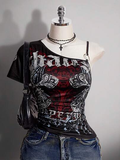 SHEIN ICON Women's Plus Size Spring/Summer Retro Sexy Fashion Bold Avant-Garde Street Casual Dark Gothic Millennial Y2K Off-Shoulder Off-Hem Cross Print Black T-Shirt